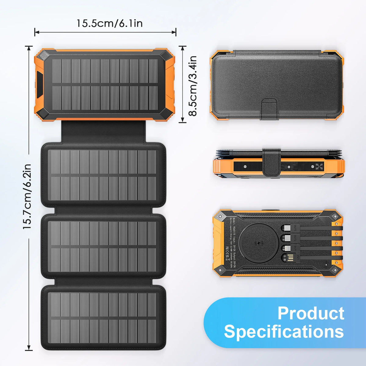 Solcell Powerbank 32 000mAh – 4 Vikbara Solpaneler 6W, Qi Trådlös, Inbyggda Kablar, LED-lampa, 15W, EU-lager