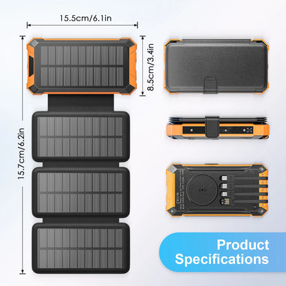 Solcell Powerbank 32 000mAh – 4 Vikbara Solpaneler 6W, Qi Trådlös, Inbyggda Kablar, LED-lampa, 15W, EU-lager