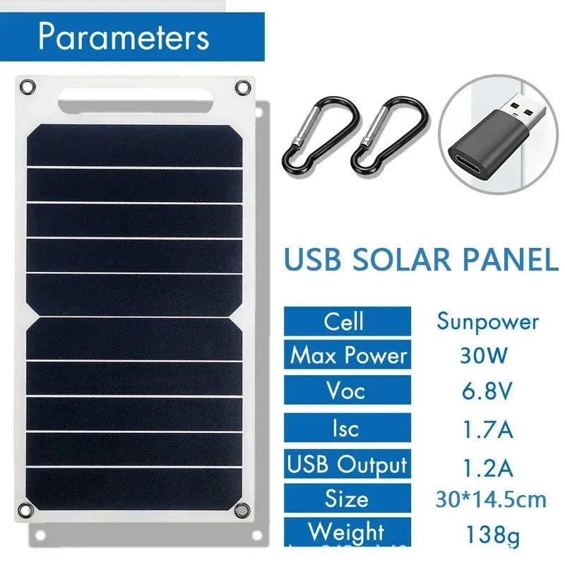 Portable 30W Waterproof Solar Charging Panel USB Type C For Camping Hiking Phone Power Bank Power Supply
