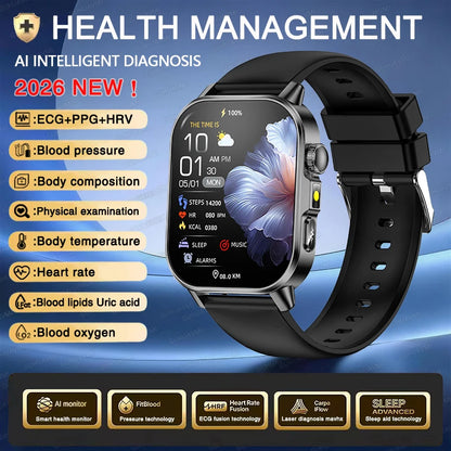 2026 ECG+PPG Daily Health Smart Watch Men Blood Fat Uric Acid Heart Rate Blood Oxygen Bluetooth Call Wellness Tracker Smartwatch