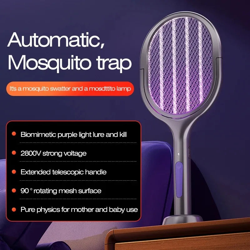 Telescopic Electric Mosquito Swatter & UV Trap Lamp, Extendable 109cm, Safe Physical Killer, Rechargeable, Wall Mount No Gap