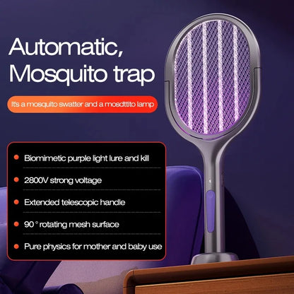 Telescopic Electric Mosquito Swatter & UV Trap Lamp, Extendable 109cm, Safe Physical Killer, Rechargeable, Wall Mount No Gap