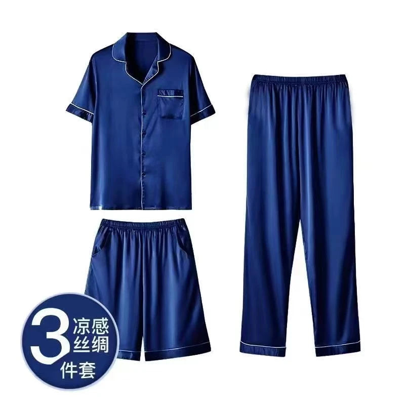 Fashion Summer Autumn 3 Piece Silk Men Pajamas Set Short Sleeve Shorts Oversize Homewear Lapel Collar Loungewear Pijamas for Man