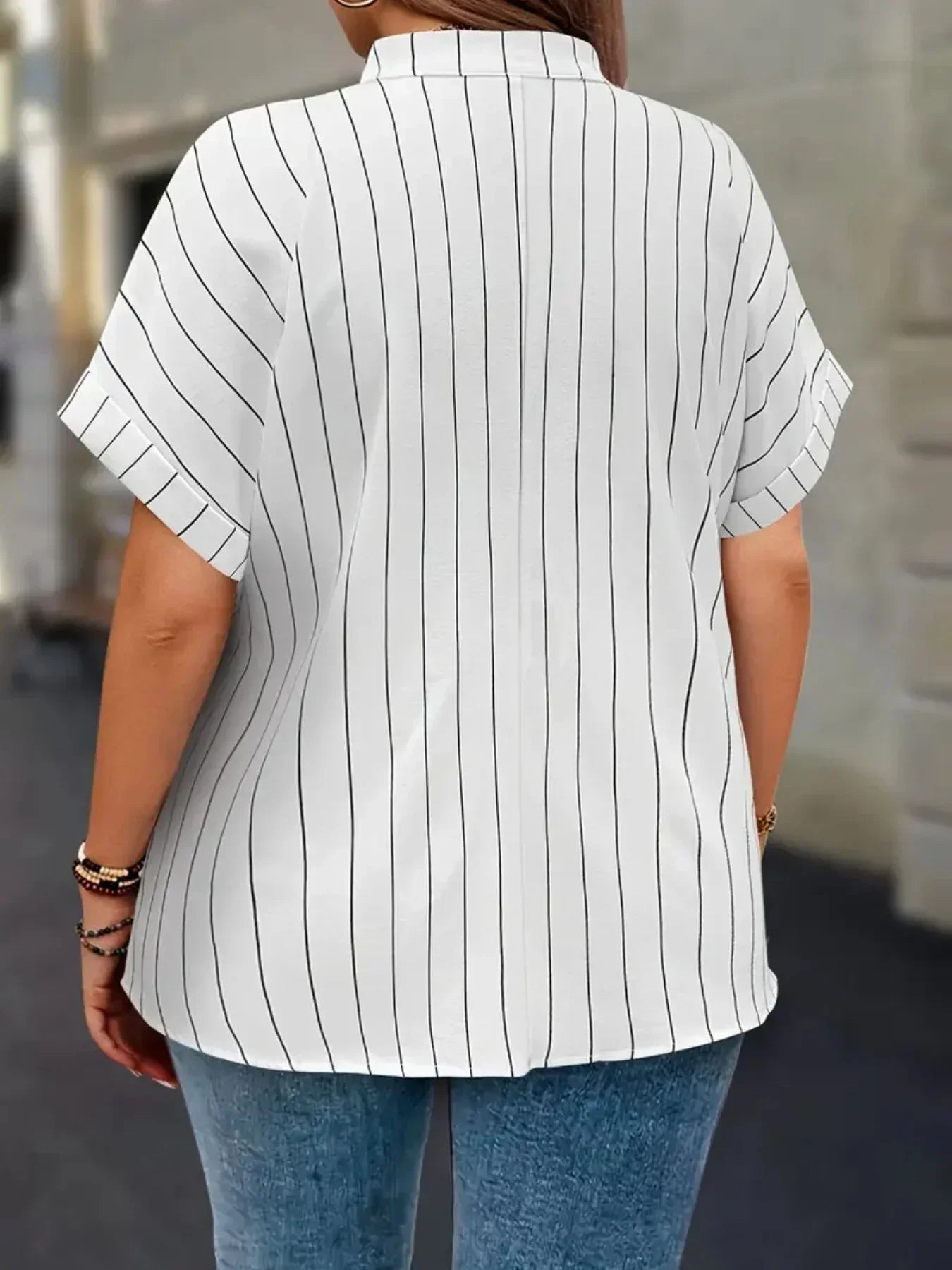 Gadinus White Plus Size Striped Blouse Women V Neck Button Front Short Sleeve Loose Fit Casual Shirt Tunic Top