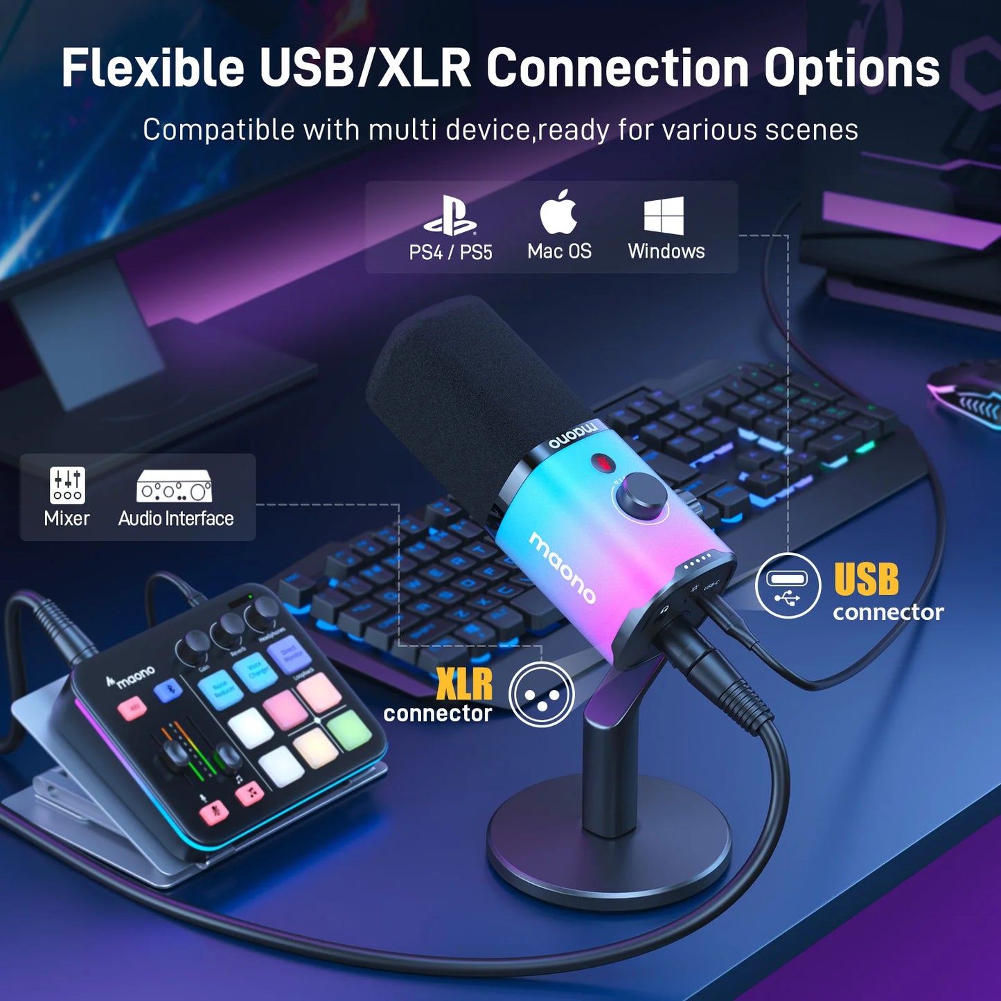 Maono PD100X RGB Gaming Microphone USB/XLR Dynamic Mic with Noise Reduction Mute Headphone Jack Mic for Gaming Streaming Podcast