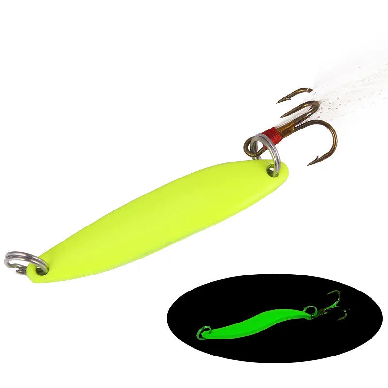 1pcs 5g 7g 10g 13g Luminous Fishing Spinner Spoon Lure Hard Bait with Feather For Bass Sea Lures Wobbles Fishing Accessories