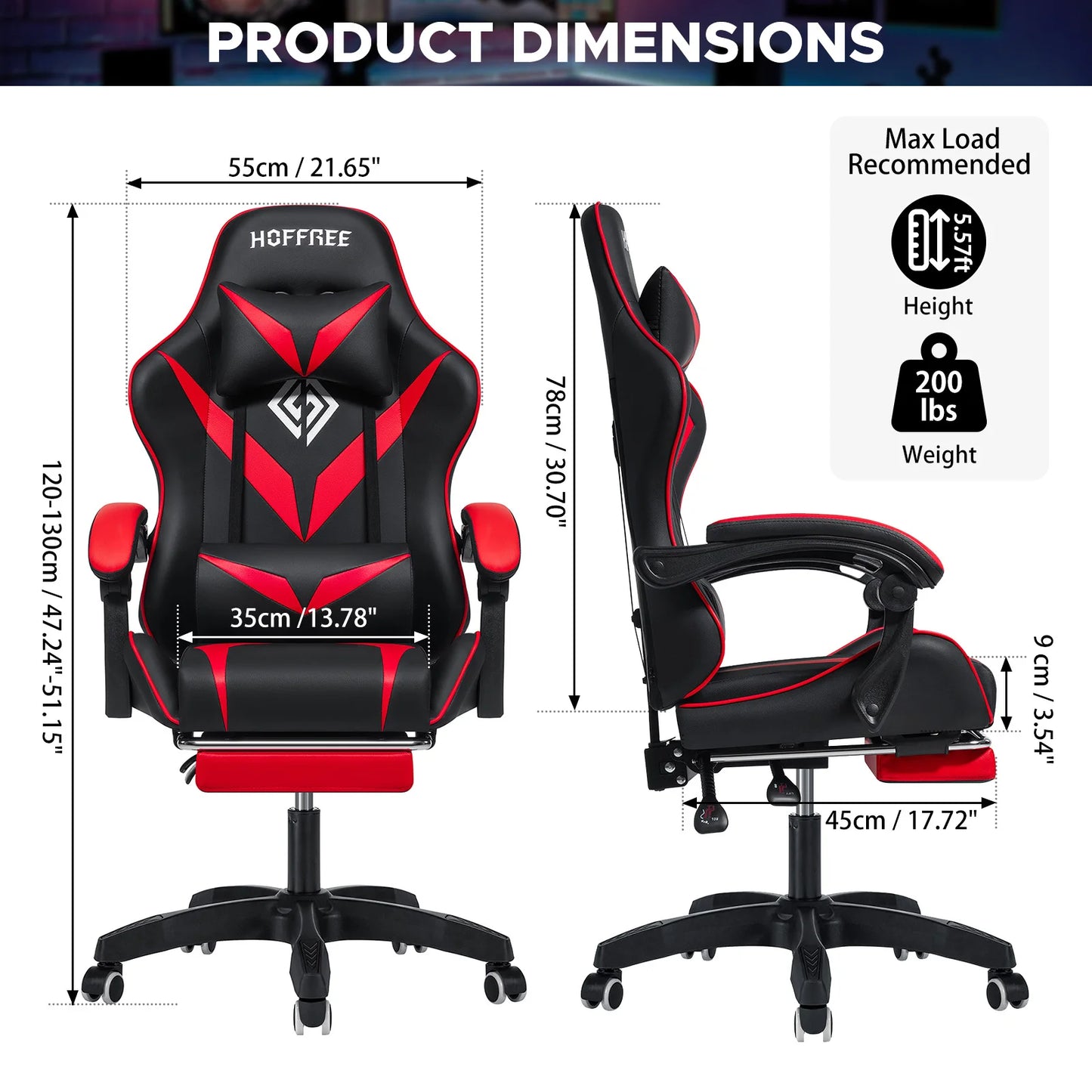 200Lbs Load Gaming Chair with Massage Ergonomic Computer Chair Footrest and Lumbar Support Reclining PC Chair Adjust Armrest