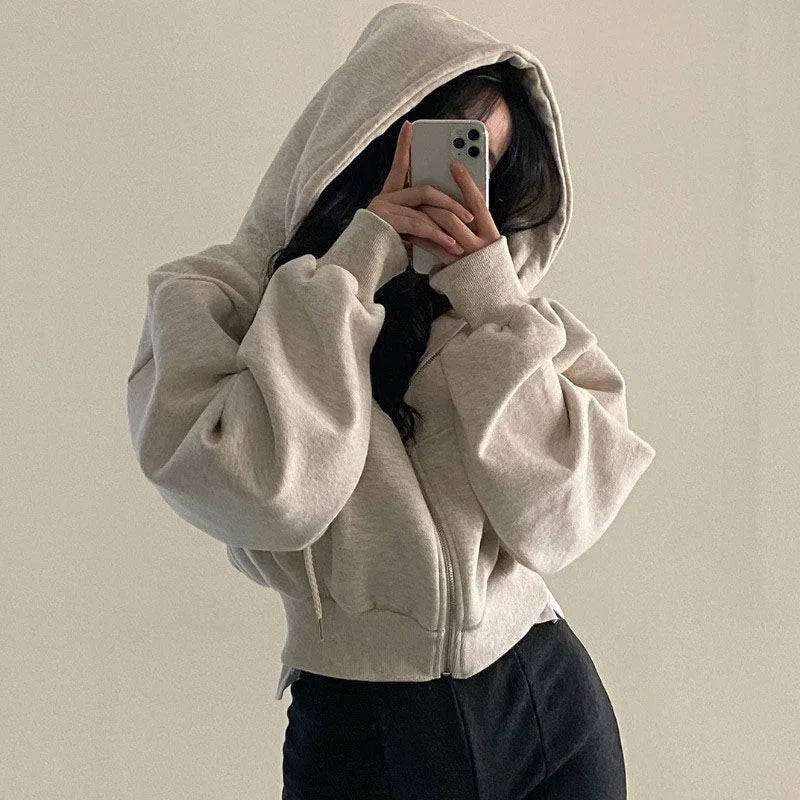 Zippered Long Sleeved Hooded Sweatshirt Loose Casual Simple Trendy Versatile Solid Color Fashionable Lazy Jacket Wholesale