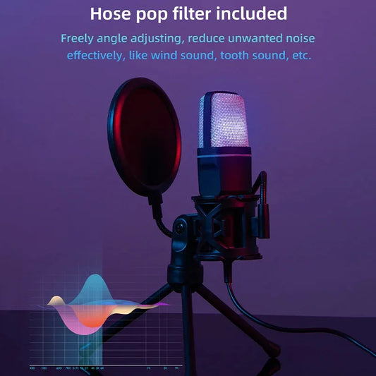 USB Kondensatormikrofon med RGB – Brusreducering Podcast Streaming Studio Spel Laptop PC CE