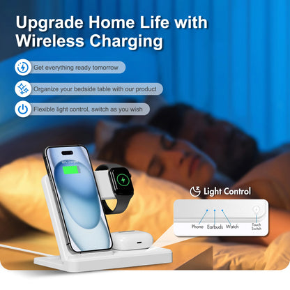 15W Magnetic Wireless Charger Stand Foldable 3 In 1 Fast Charging Sation for iPhone 17- 12 Pro Max Apple Watch 8 7 Airpods Pro