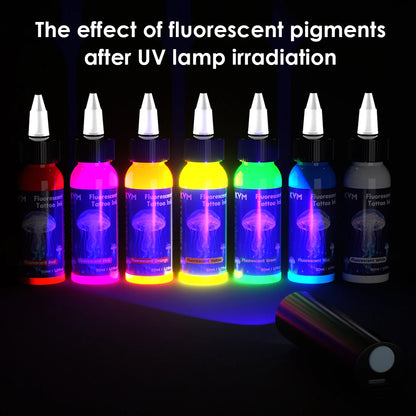 KVM 30ml 7 Color Fluorescent Tattoo Ink Pigment Body Art Ink Equipped with Ultraviolet Light Illumination Lamp Tattoo Supplies