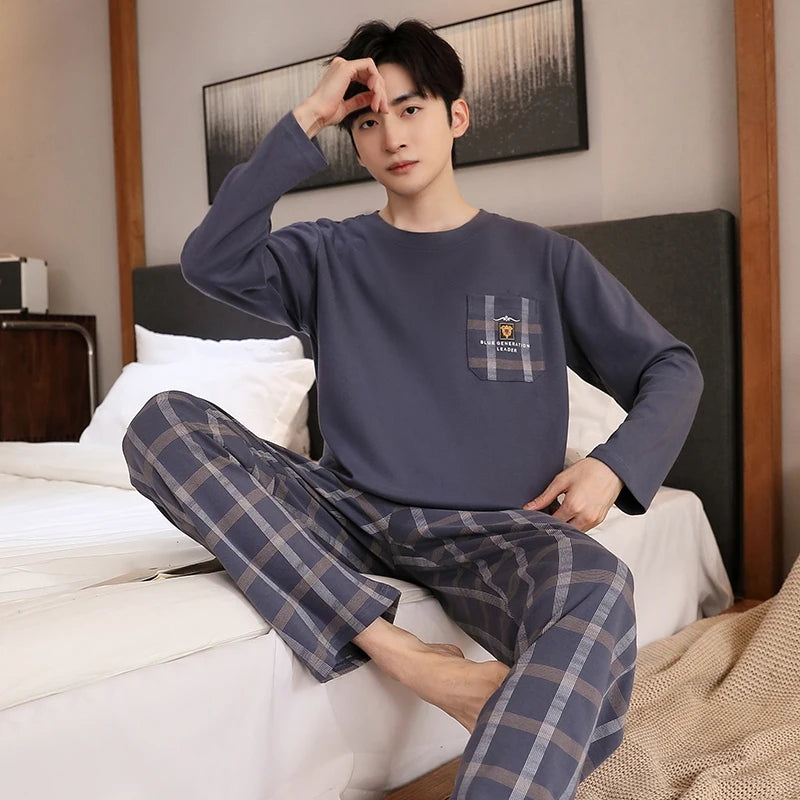 L-5XL Spring and Autumn Knitted Cotton Plaid Pajamas Set Men Long Sleeve Sleepwear Casual Soft Pyjamas Male Home Clothing