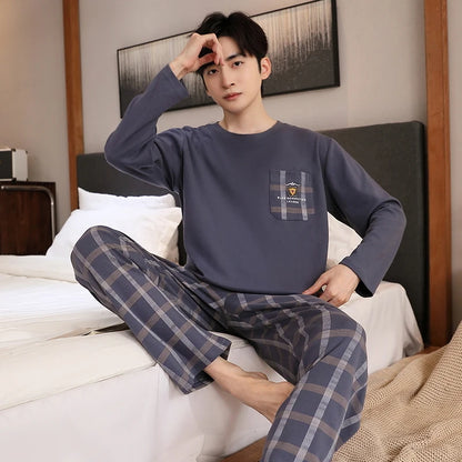 L-5XL Spring and Autumn Knitted Cotton Plaid Pajamas Set Men Long Sleeve Sleepwear Casual Soft Pyjamas Male Home Clothing