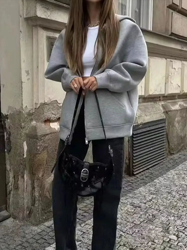 HH Autumn Winter Women's Zipper Hoodie Coat High Street Double Pockets Oversize Jakcet Loose Sweatshirts Outerwear Top