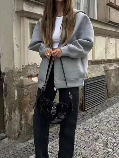 HH Autumn Winter Women's Zipper Hoodie Coat High Street Double Pockets Oversize Jakcet Loose Sweatshirts Outerwear Top