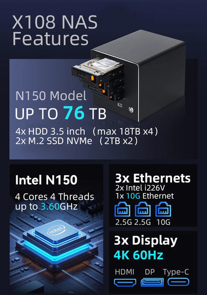 XCY X108 NAS Mini PC 4-fack 2,5"/3,5" SATA – Intel N150 / Celeron N2940, Windows 10/11 Linux NAS, DDR5/DDR3L