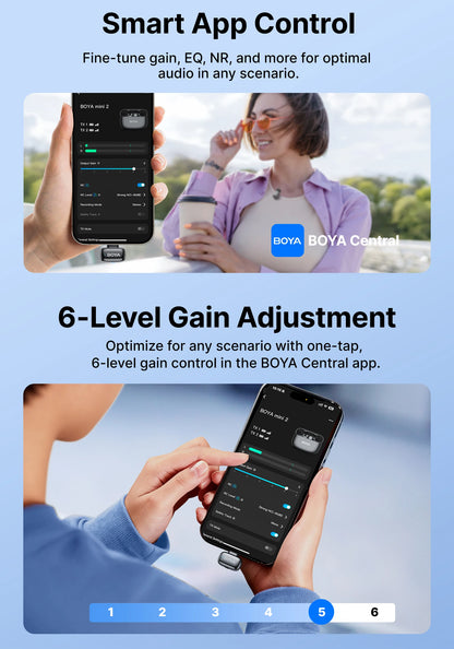 BOYA Mini 2 Wireless Lavalier Microphone AI Noise Reduction Mini Mic for iPhone 6-14/15-17 USB-C Android Phone Video Recording