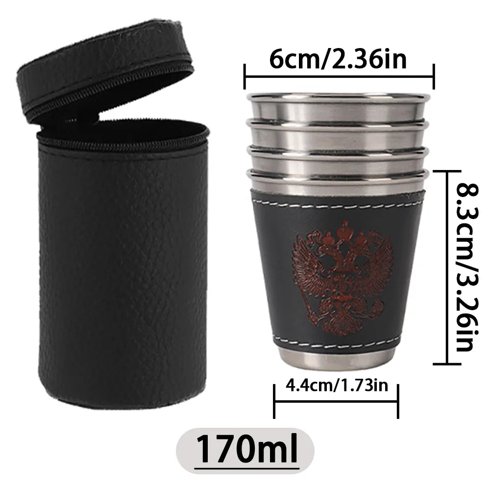 Rostfria Campingkoppar 4-pack med Läderfodral – 30/70/170ml, Kaffe, Vin & Whisky, Friluftsliv