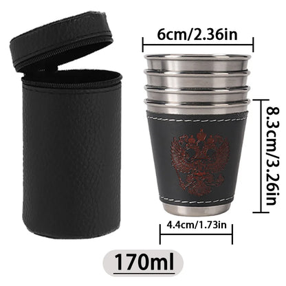 Rostfria Campingkoppar 4-pack med Läderfodral – 30/70/170ml, Kaffe, Vin & Whisky, Friluftsliv