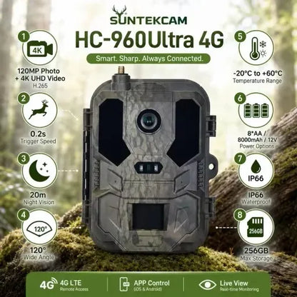 4G LTE Hunting Camera with APP Control 4K Live Video Stream Cloud Service FTP SMTP 8000mAh Battery HC-960Ultra-LI