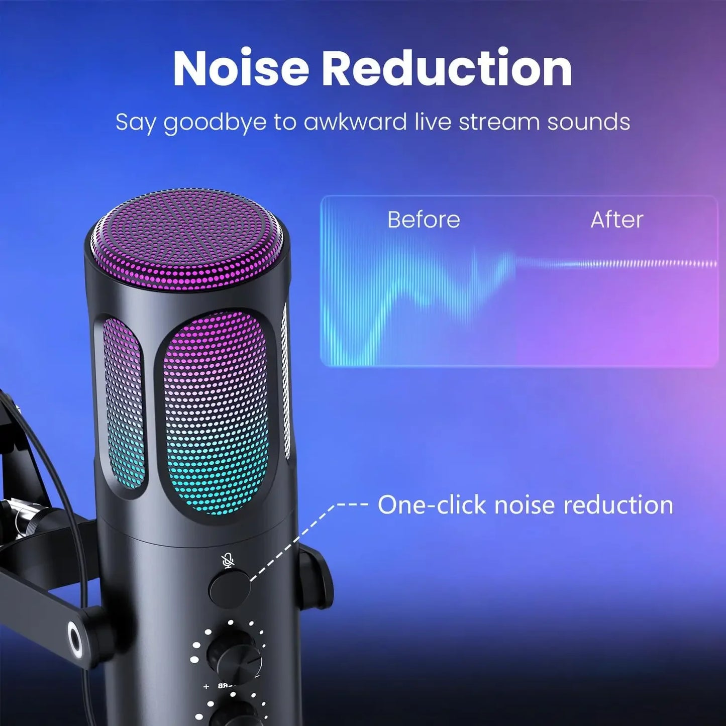 PUPGSIS Gaming USB Microphone, Noise Cancellation Condenser Mic with Mute, Gain, RGB Lights, Boom Arm Stand for Streaming, PC