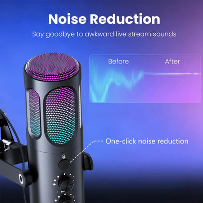 PUPGSIS Gaming USB Microphone, Noise Cancellation Condenser Mic with Mute, Gain, RGB Lights, Boom Arm Stand for Streaming, PC