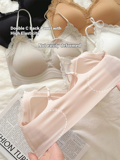 French Lace Bra V Neck Seamless Bra Women's Adjustable Thin Strap Wireless Thin Cup Layering Base Intimates Lingerie Solid S-XL