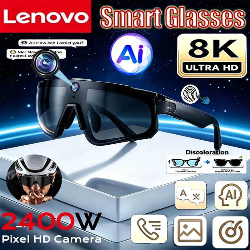 Lenovo 2026 New ChatGPT AI Smart Glasses 2400W 1080P Anti Shake Video Sport Cycling Sunglasses Dual Mic 32GB Windproof