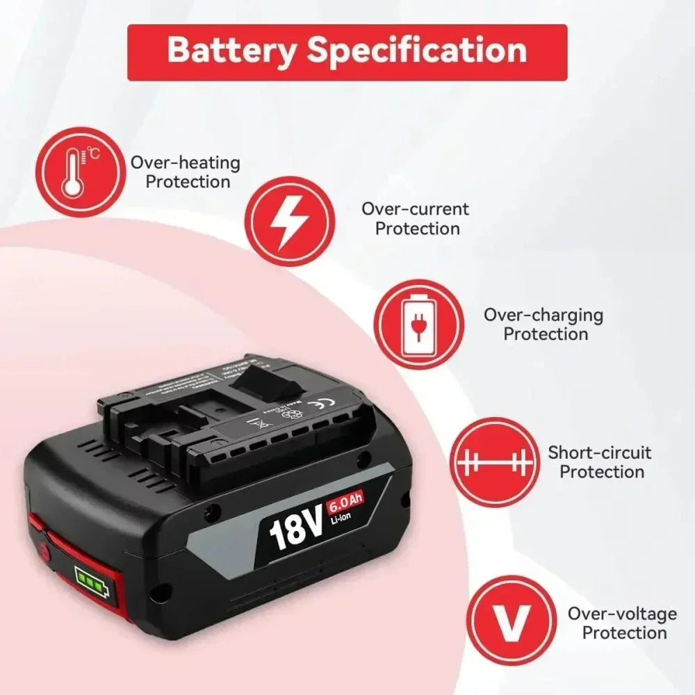 Kompatibelt Batteri för Bosch 18V – 6,0Ah Li-Ion BAT609 BAT618 BAT620 GSR GBH GWS 1–4 Batterier + Laddare