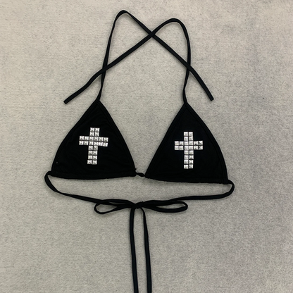 Women Black Studded Cross Bikini Tops Triangle Halter Tie Back Swim Bra Goth Punk Y2K Beach Swimwear Sexy Summer 2026 New S/M/L