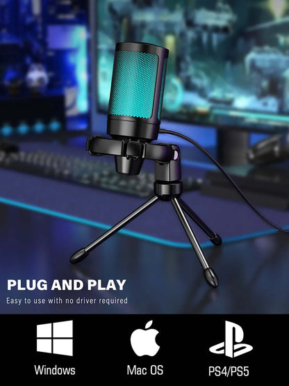 AmpliGame RGB USB Gaming Microphone with Light-touch Mute,Condenser Mic with Tripod for PC,PS4/5,Laptop Streaming Podcasting -A2