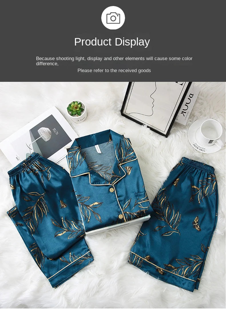 Fashion Summer Autumn 3 Piece Silk Men Pajamas Set Short Sleeve Shorts Oversize Homewear Lapel Collar Loungewear Pijamas for Man
