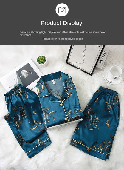 Fashion Summer Autumn 3 Piece Silk Men Pajamas Set Short Sleeve Shorts Oversize Homewear Lapel Collar Loungewear Pijamas for Man