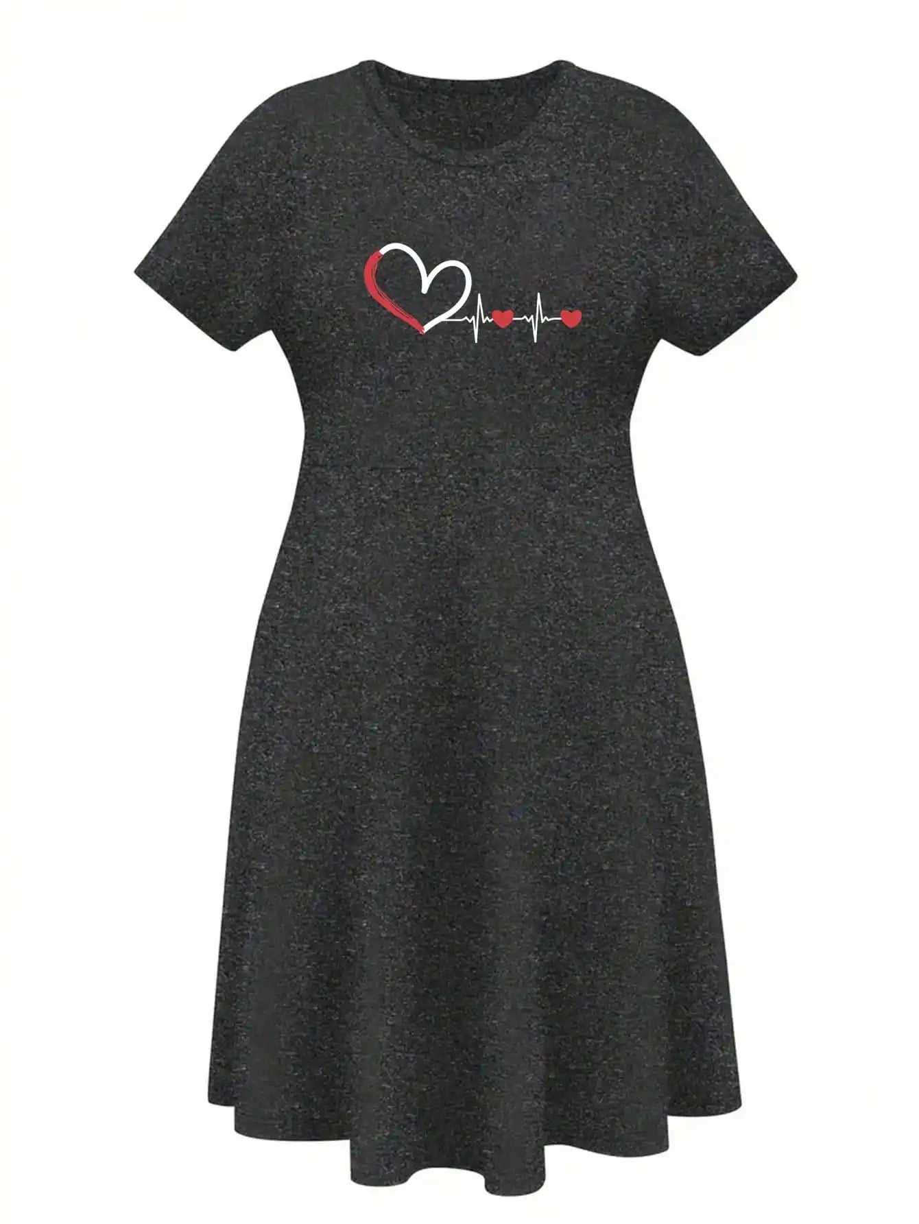 2026 Women's Four Seasons Love at First Sight Heartbeat Printed Casual Loose Black Short Sleeved Large Short Skirt Dress