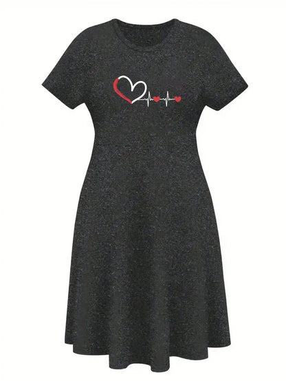 2026 Women's Four Seasons Love at First Sight Heartbeat Printed Casual Loose Black Short Sleeved Large Short Skirt Dress