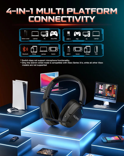 NUBWO HG04 Trådlöst Gaming Headset – Dubbel 2.4GHz & Bluetooth 5.3 80h Batteritid 3 EQ-lägen Riktad Mikrofon PS5 PC Xbox Switch