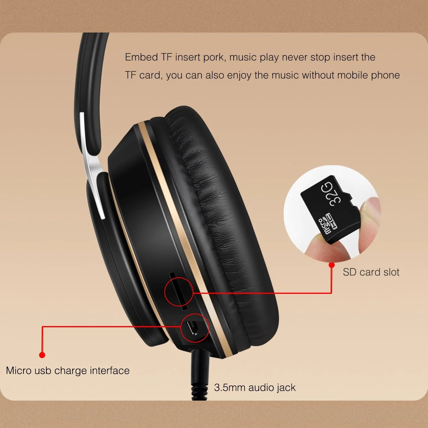 2026 Wireless Bluetooth Headphones Stereo Headband Headset with SD Card Support And Mic for iPhone Samsung Tablet