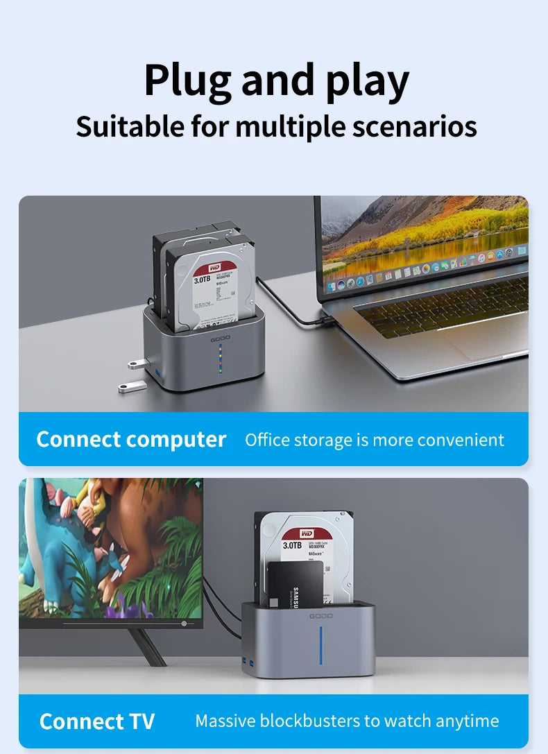GODO USB 3.0 Dubbel Fack Typ C Hårddiskdocka för 2.5/3.5 tums SATA-enheter