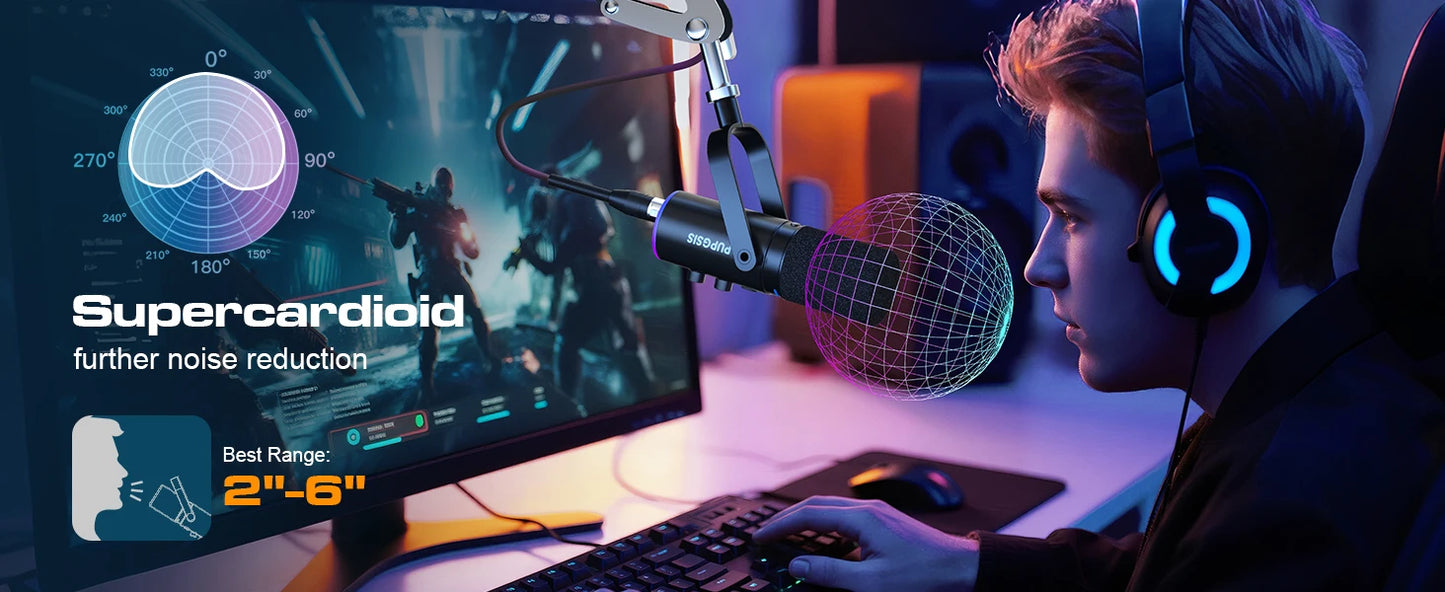 XLR/USB Gaming Microphone Kit: Dynamic PC Mic for Streaming Podcasting,  Mute Button, Reverb Effects, RGB Computer Mic with Arm