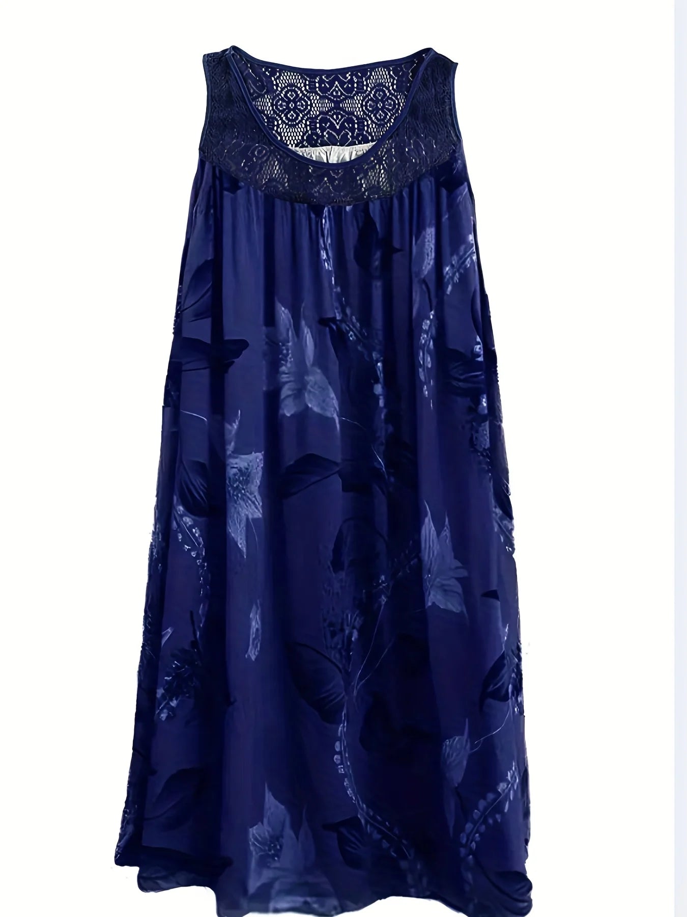 Plus size women's sleeveless round neck A-line dress with contrasting lace border floral print - knee length casual and pretenti