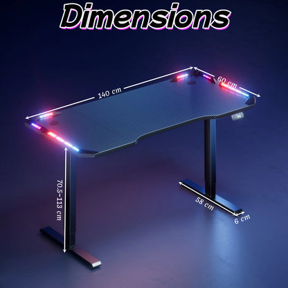 120/140/160cm Electric Height Adjustable Table, Ergonomic Gaming Desk with LED Lights, Carbon Fiber Desktop for Home Office