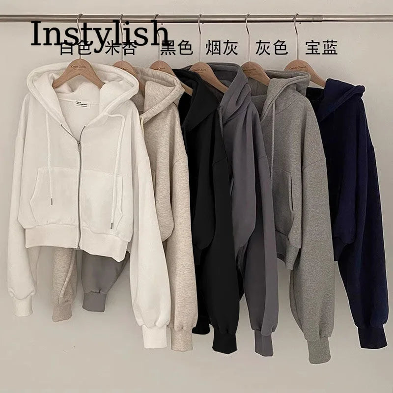 Zippered Long Sleeved Hooded Sweatshirt Loose Casual Simple Trendy Versatile Solid Color Fashionable Lazy Jacket Wholesale