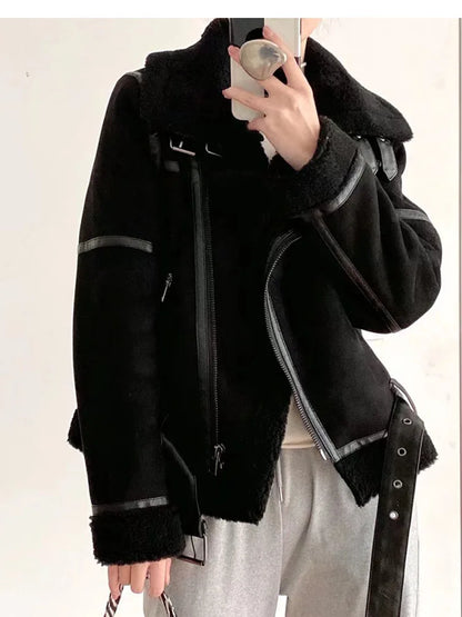 Varm Lammskinnsjacka Dam – Kort Motorcykelstil, Faux Shearling, Mocka, 2 Färger, XS–XL