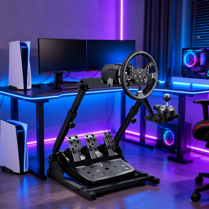Foldable Racing Steering Wheel Stand Adjustable Universal Steering Wheel Mount Carbon Steel Racing Simulator Stand Anti-slip Feet for Gaming Racing Enthusiasts