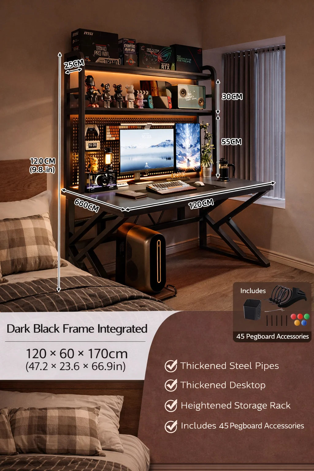 Gaming Desk with Bookshelf and Pegboard Computer Desk with Storage Shelf Home Office Study Desk for Bedroom Small Space