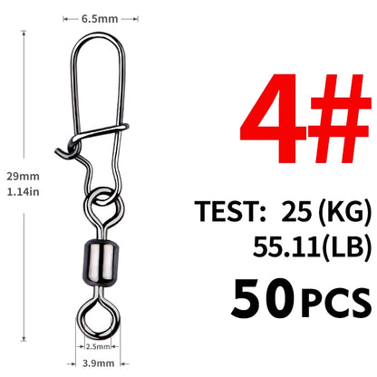 MEREDITH 50PCS Pike Fishing Accessories Connector Pin Bearing Rolling Swivel Stainless Steel Snap Fishhook Lure Swivels Tackle