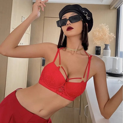 Women's Sexy Push up Lingerie Set French Lace Half Cup Bra with Garter Belt Summer Underwear Demi Bra Transparent