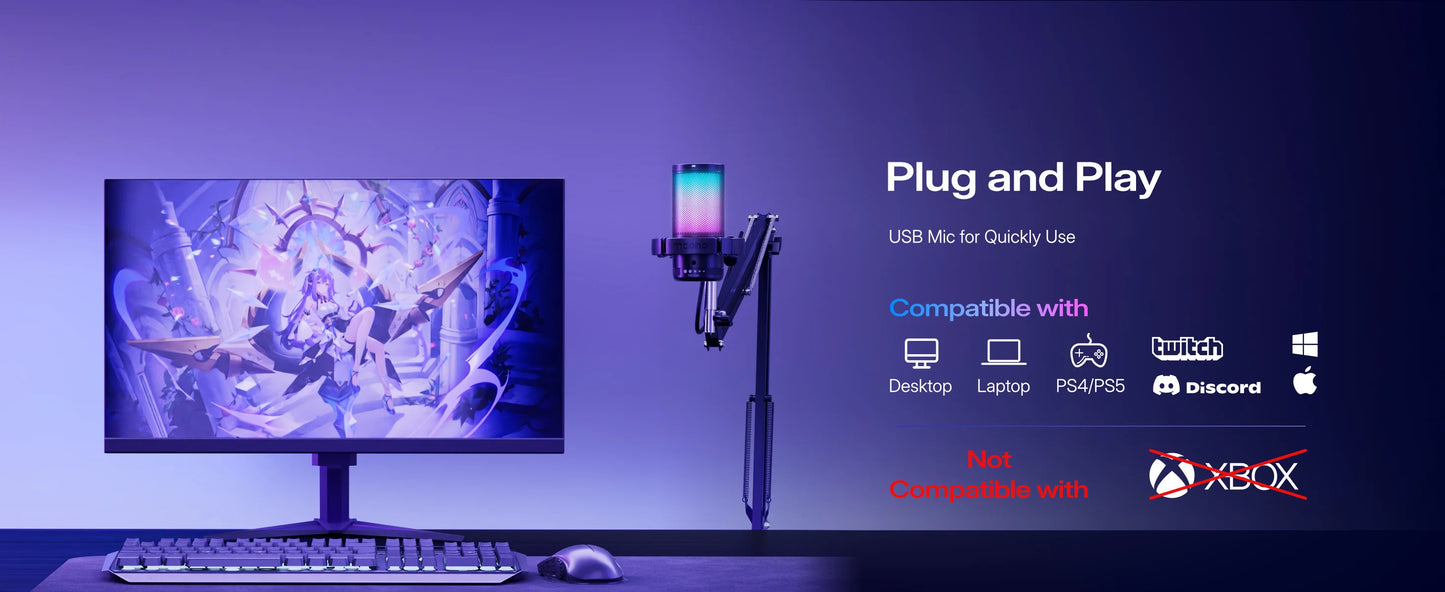 MAONO DGM20S Gaming USB Microphone Condenser Mic with RGB Light Noise Cancellation Boom Arm for Streaming Podcast YouTube Tiktok
