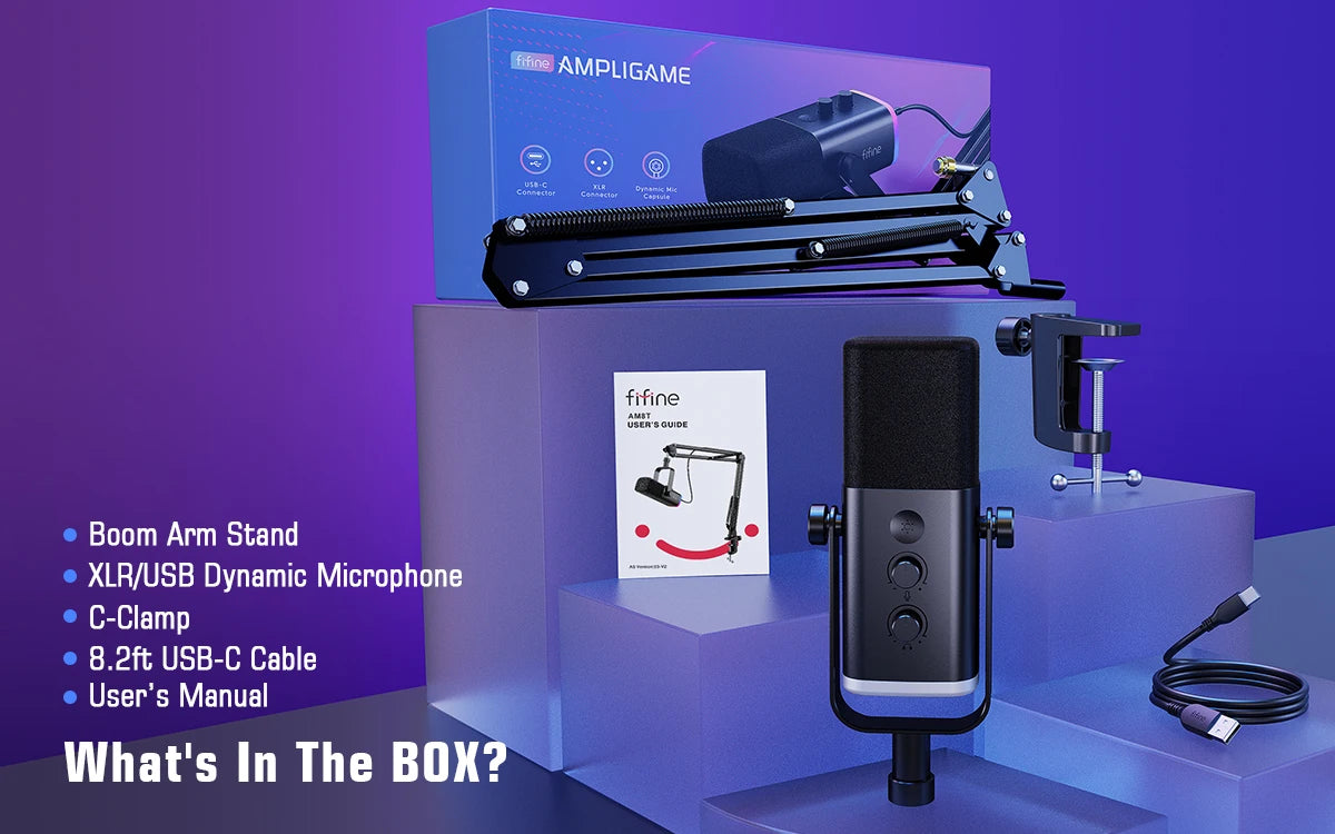 FIFINE XLR/USB Gaming Microphone Kit with Headphone Jack/Mute/RGB /Arm Stand,Dynamic Mic Set for PC PS5/4 Mixer AmpliGame AM8T