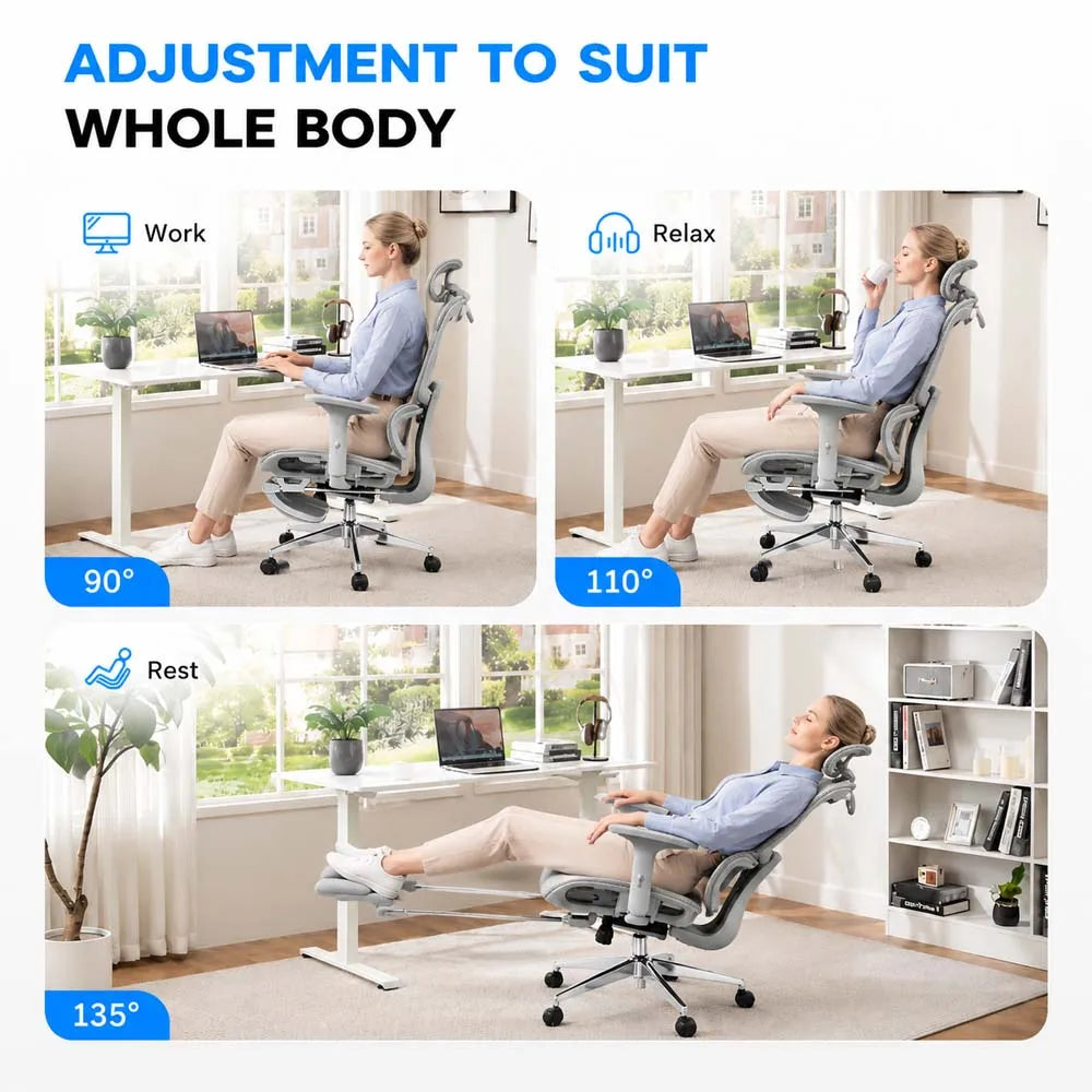 Ergonomic Office Chair with Footrest, 3D Adjustable Headrest & Armrests, Elastic Lumbar Support, Breathable Mesh High Back, 90°-135° Reclining Swivel Chair for Home Office